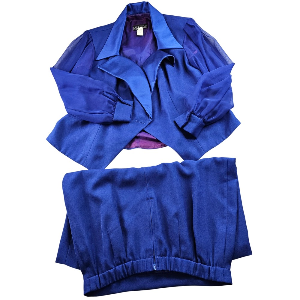 Alex Evenings Skirt Suit Jacket Womens 16 Blue Formal Sheer Chiffon Puff Sleeve